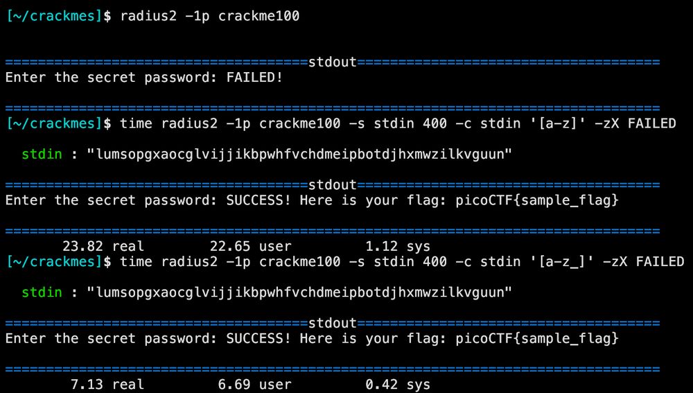 terminal output from 2 different radius2 commands, the first sets the characters of the solution to be a to z, the second adds uses a to z and _. the second command completes more than 3x faster