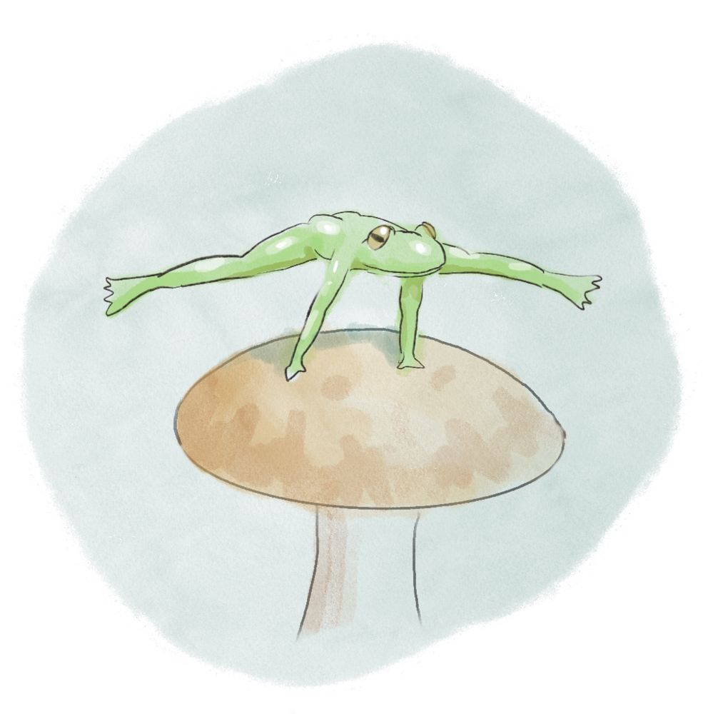 A frog doing a gymnastics style handstand on a mushroom 
