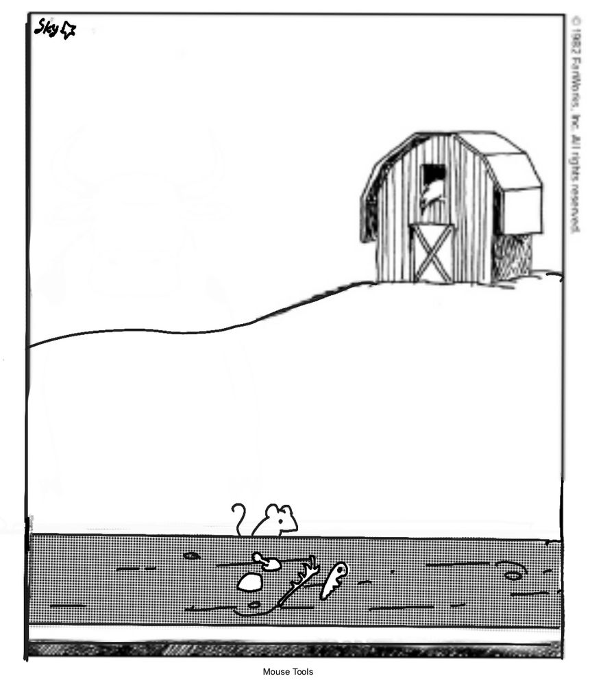 The cow tools comic but the tools are tiny and the cow is a mouse, the caption says “mouse tools”