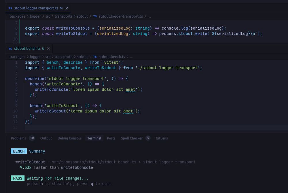 Screenshott of a nodejs benchmark, testing the efficiency of process.stdout.write vs console.log : process.stdout.write is 9.53 times faster