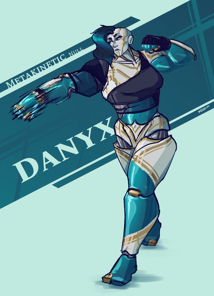 Digital drawing. Original character for Draw Steel TTRPG. 

The character is a memonek, a type of humanoid with ceramic-like bodies and a robot-like appearance. She has gold accents throughout her body, and her lower torso is a teal, jewel-like material. She wears a sleeveless asymmetrical shirt as her only clothing. 

She is punching with her right arm, left arm raised above her head.