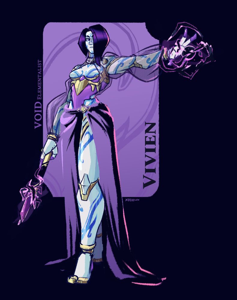 Digital drawing. Original character for Draw Steel TTRPG. 

The character is a memonek, a type of humanoid with ceramic-like bodies and a robot-like appearance. She has blue patterns on her skin, resembling the patterns of ceramic china. She has gold accents throughout her body, and her lower torso is a purple, jewel-like material. She wears a long skirt as her only clothing. 

She extends her left hand to the side, with a her right arm holding a staff that glows with the same magic.