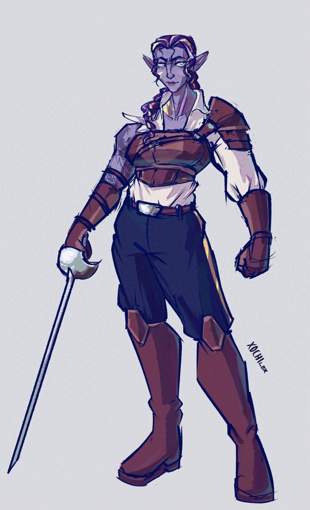 Digital drawing. Original character for the Draw Steel TTRPG.

Full-body drawing of an older elf woman woman with messy curly bangs framing her face, and a pony tail draped over her shoulder. Her skin is a lighter violet color, and her hair is a darker violet. Her hair has streaks of gold strands. Her skin has similar gold markings over her face and neck. She wears a leather breastplate over a shirt and holds a rapier on her right hand. Her right sleeve is torn, exposing her bare arm with a tattoo on it. 