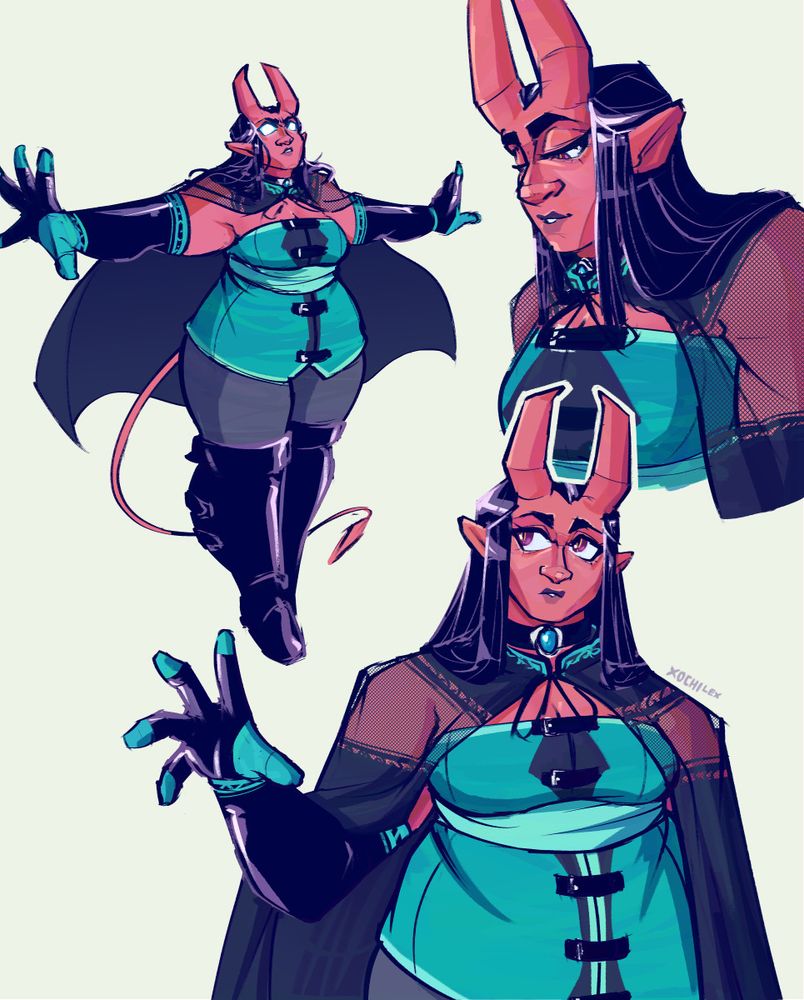 Three drawings, all of of the same devil woman, partially overlapping. She has long, black, straight hair and coral-red skin. She has two large horns that point straight up. She wears a teal tunic, grey pants, black long gloves, and black high boots. She also wear a dark cape