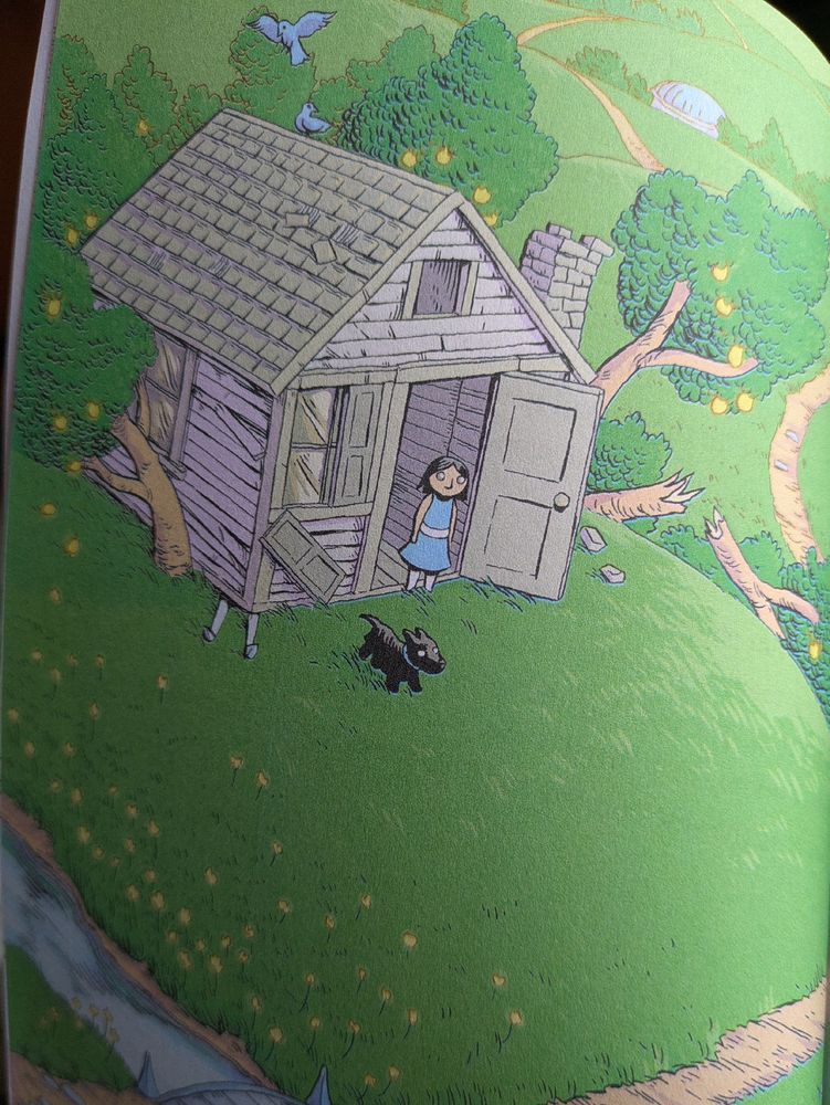 Cute, simple, full page illustration in a book showing Dorothy and Toto exiting their house after it has been carried to Oz