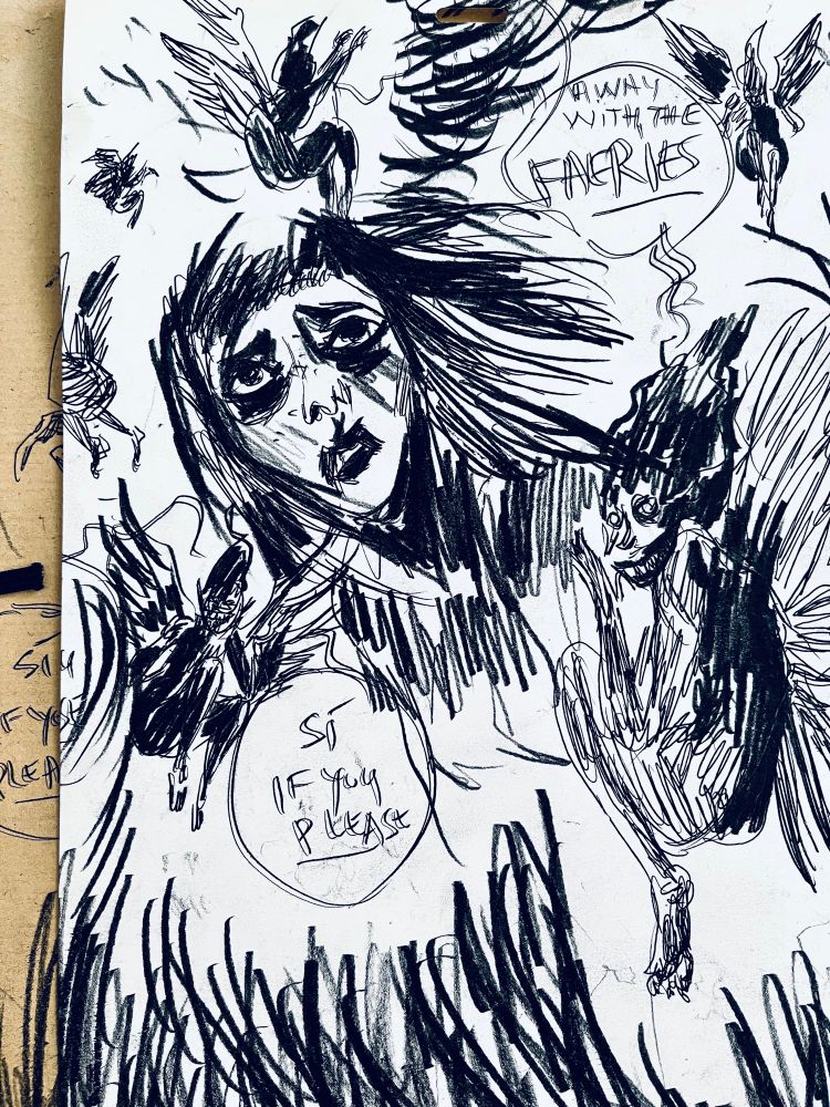 Carbon sketch of a scared girl surrounded by creepy faeries. 
Word balloons read “Away with the Faeries” “Sí, if you please”
SÍ is an old Irish word for Faerie 