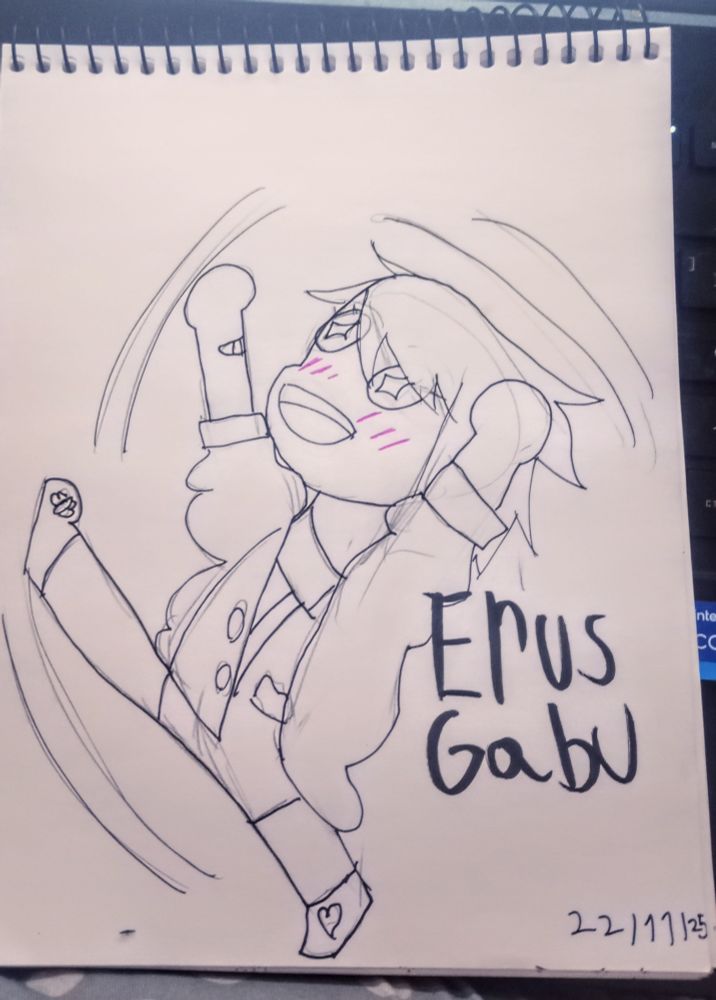 A traditional, messy drawing of Emu Otori from Project Sekai, She's in the middle of a cartwheel. The only color is the pink on Emu's cheeks, the rest is pencil and fineliner
