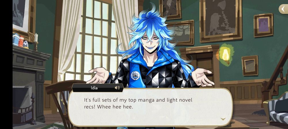 A continuation of the message. Idia is saying: "It's full sets of my top manga and light novel recs! Whee hee hee."