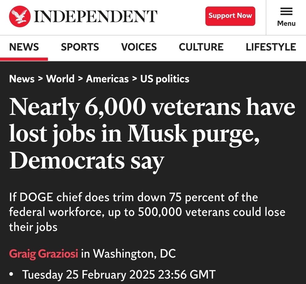 Independent: Nearly 6,000 veterans have lost jobs in Musk purge, Democrats say