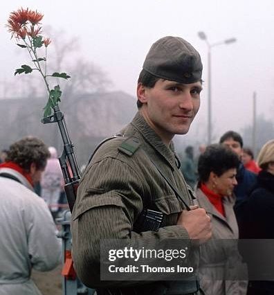 Soldier with flower in gun barrel