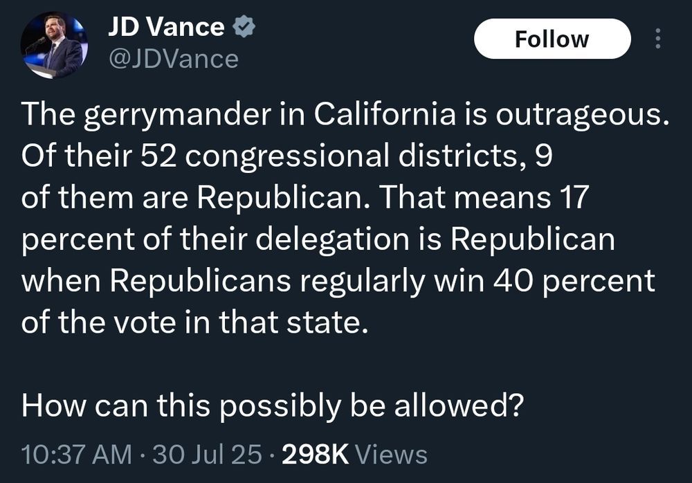@JDVance on X: The gerrymander in California is outrageous. Of their 52 congressional districts, 9 of them are Republican. That means 17 percent of their delegation is Republican when Republicans regularly win 40 percent of the vote in that state. 

How can this possibly be allowed?