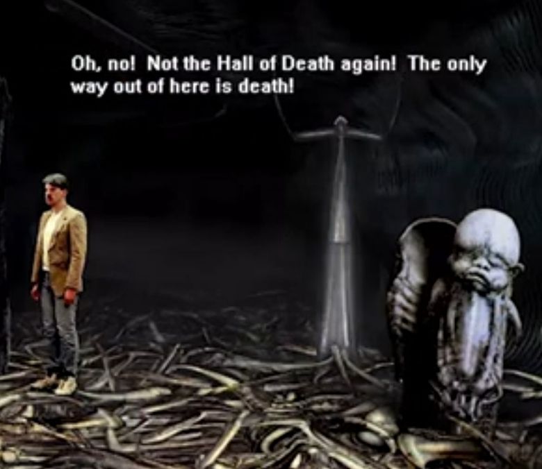 Screenshot from Dark Seed 2. A man in a dress jacket and slacks stands in a desolate, Gigeresque room where the floor is bones. He laments, "Oh, no! Not the Hall of Death again! The only way out of here is death!"