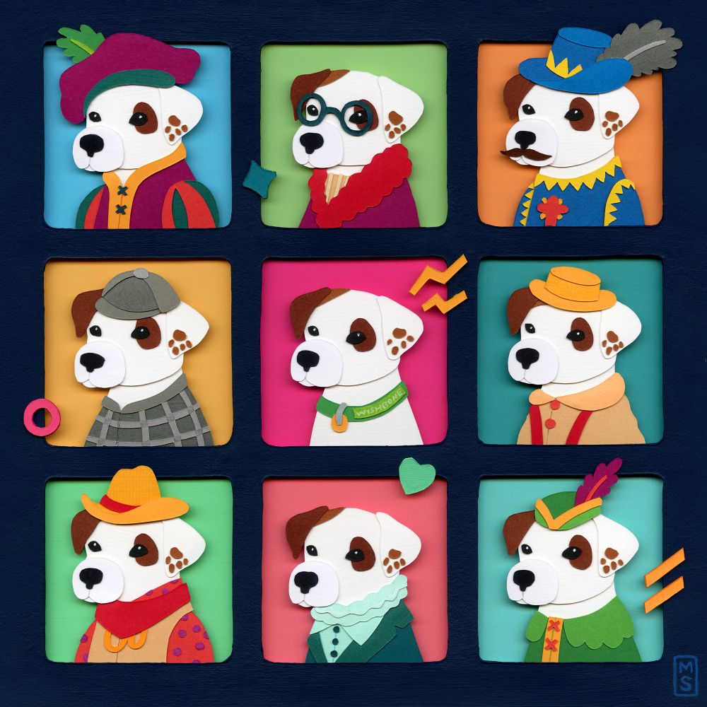 A collage of a the Jack Russell terrier Wishbone in different costumes