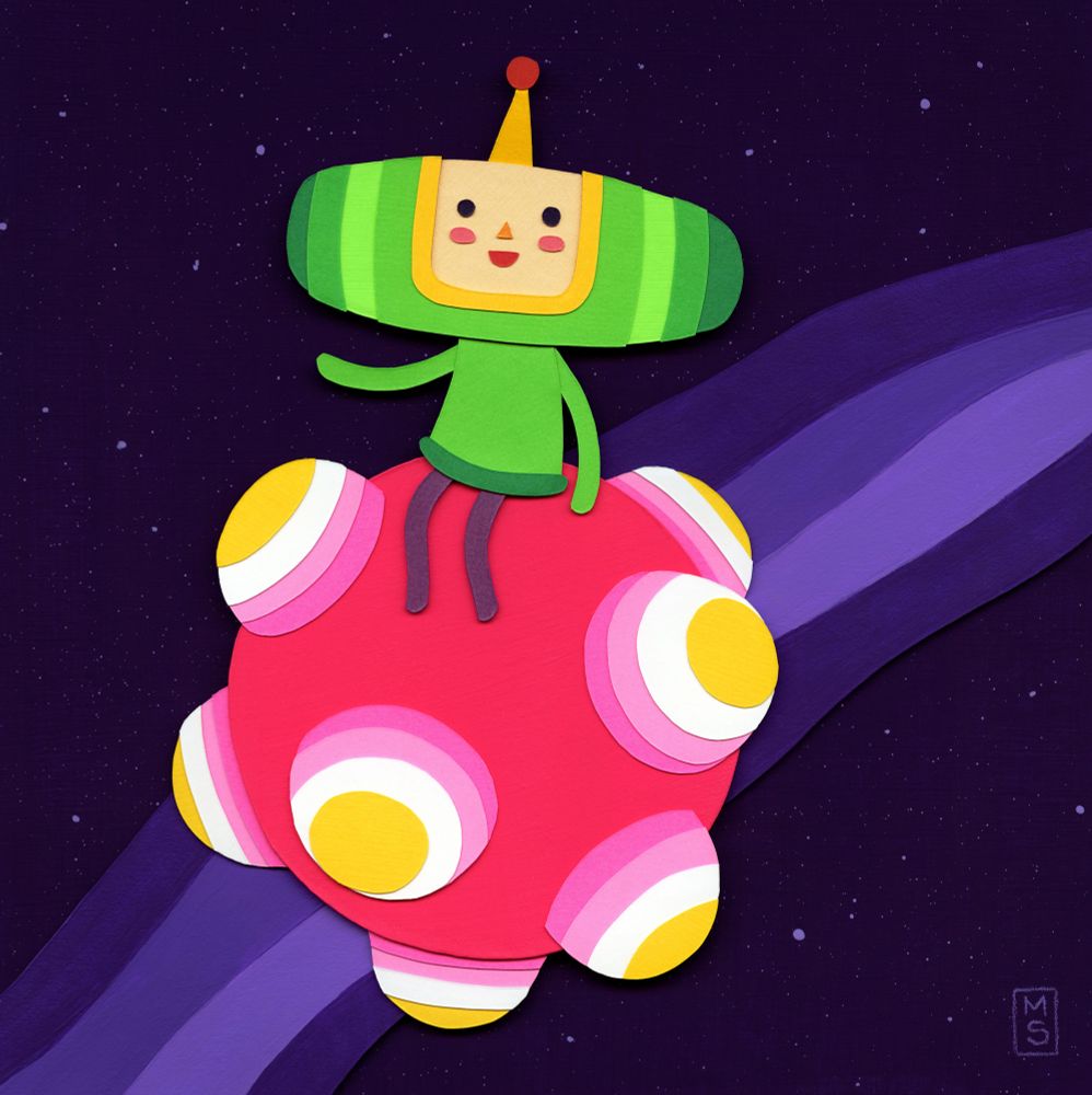 A paper collage of a green space prince sitting on a Katamari ball in outer space (from thr Katamari Damacy video game). 