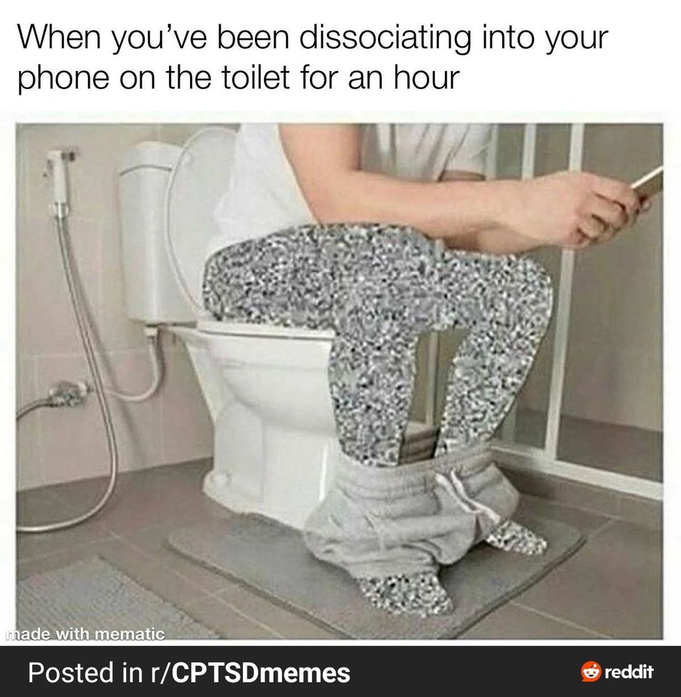 Image of person on toilet staring at phone. When you've been dissociating into your phone in the toilet for an hour 