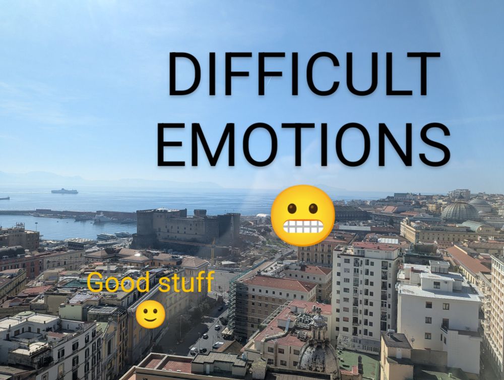 Beautiful city/sea view of Naples in the sun. Big text all caps DIFFICULT EMOTIONS with a gritting teeth emoji; small text Good stuff with smiley face emoji 