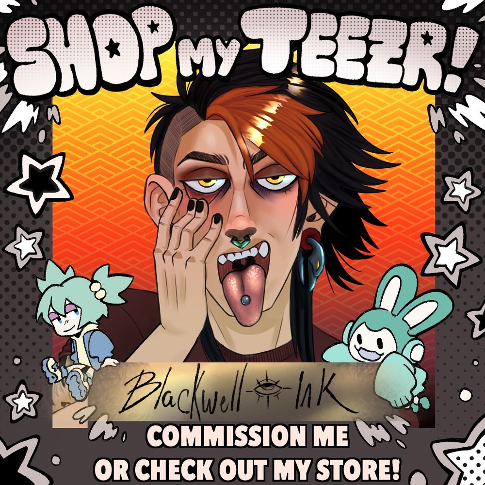 A promotional image for Blackwell Ink on Tee-zr, an artists commission and merch site