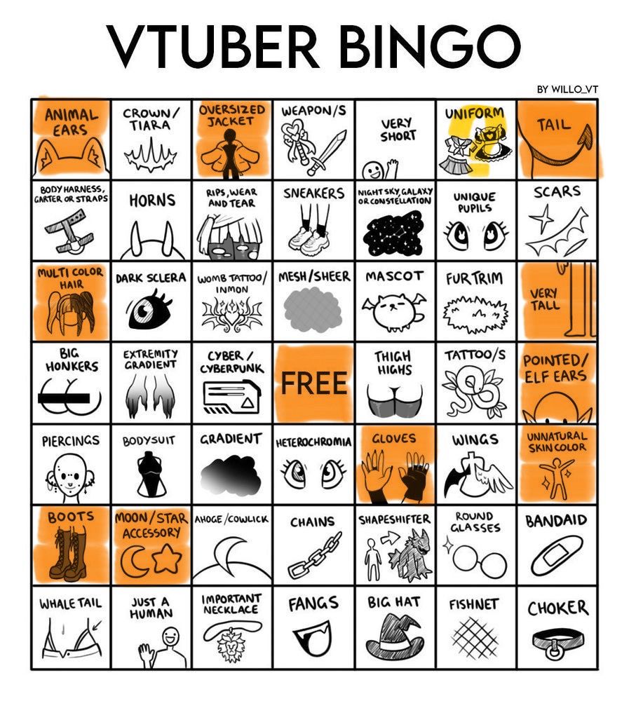 A 7x7 bingo grid named « Vtuber Bingo » with every spot being something about Vtuber appearance. The spots filled here are: Animal ears, oversized jacket, tail, multi color hair, very tall, free spot, pointed/elf ears, gloves, unnatural skin color, boots and moon/star accessory. The uniform spot has an interrogation point on it.