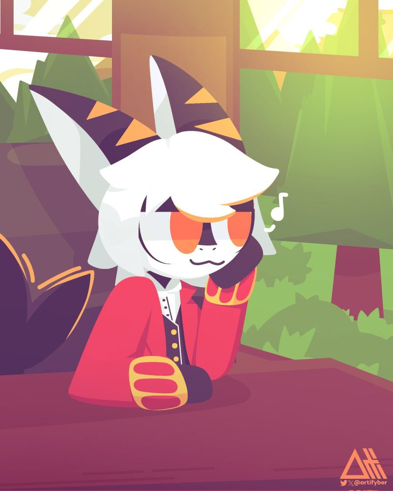 An anthropomorphic shark, Conductor Night, sitting at a table in a train watching the trees outside happily.