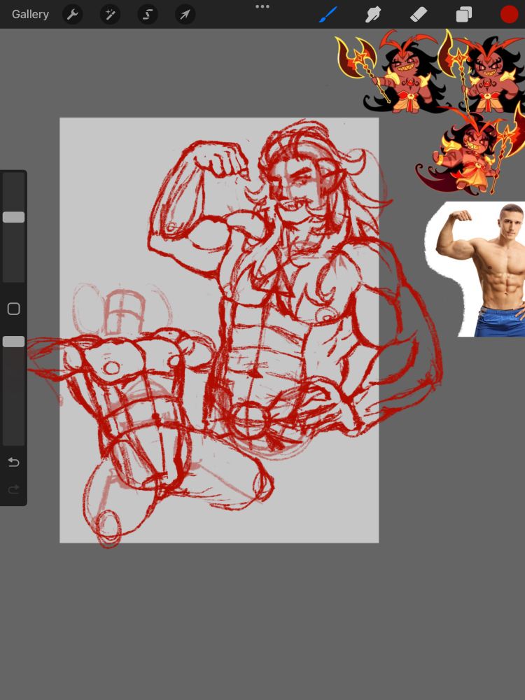 A work in progress piece featuring Burning Spice Cookie from Cookie Run: Kingdom. Burning Spice is in a humanoid style instead of a cookie and is flexing his right arm while his left rests on his hip. He has a prideful look on his face. To the lower left of that sketch is another sketch that is much more unfinished. It is a featureless sketch of a buff man leaning back and resting his arms on an unseen ledge. This will also be Burning Spice Cookie once the piece is finished. The sketches are done in a bright red.