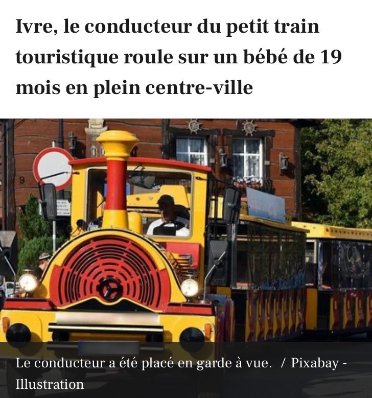 Titre de la Dépêche : « Ivre, le conducteur du petit train touristique roule sur un bébé de 19 mois en plein centre ville »