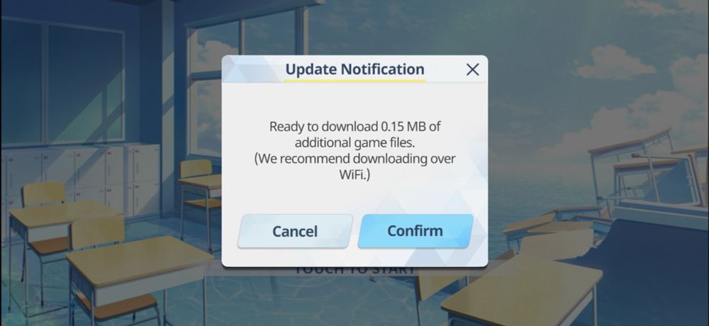 Blue Archive update notification. It says “Ready to download 0.15 MB of additional game files.”