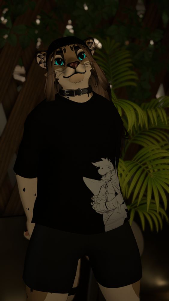 Ocelot Omni, in VrChat, standing in front of nice crossed wood paneling and Palms
Wearing a Backwards hat, collar, oversized tshirt, and gym shorts