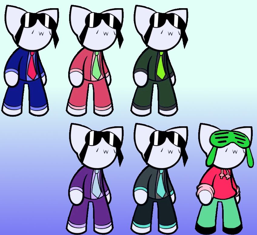 ROW 1
Color 1: Internet Explorer (Default/Blue Team)
Color 2: Red Team
Color 3: Green Team

ROW 2
Color 4: Based (Cybermare)
Color 5: Hiding In Your Wi-Fi (Hatsune Miku)
Alt. Costume/Color 6: Rowdy Fishercat (RFCK Costume from ENDLESS WAR: The Discord MMO)