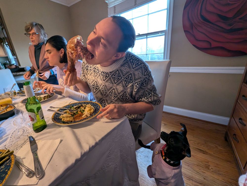 A little black Chihuahua in a fuzzy purple sweater looks intently, up on her two hind legs, at a man wearing a patterned sweater and taking a big chomp of an enormous turkey leg. One little leg is on the man's chair. 