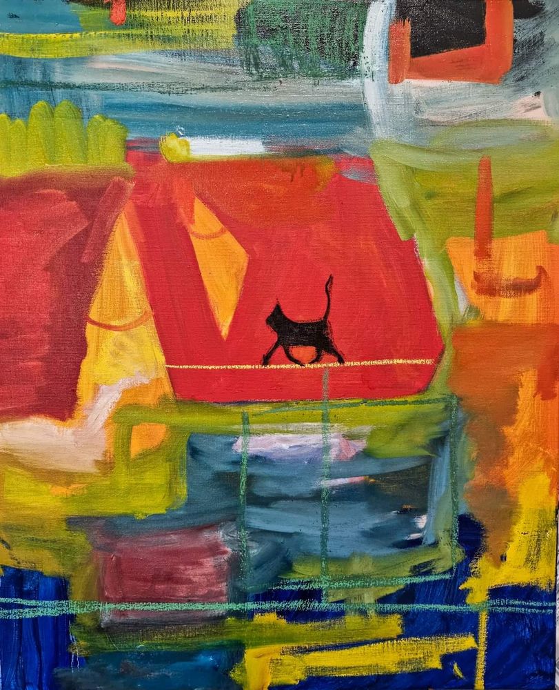 Artwork picturing a cat in a colorful landscape