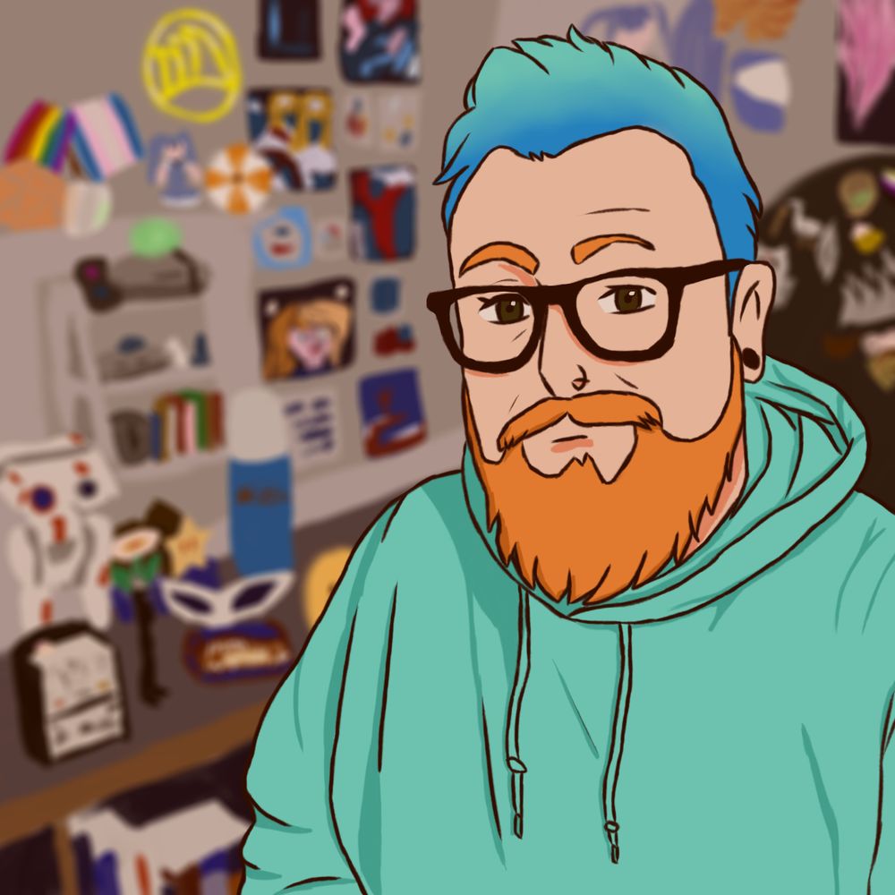 Portrait of a male presenting NB person with blue hair, glasses, piercings and a ginger beard. They are wearing a light blue hoodie. The background is blurry but full of decor objects and posters.