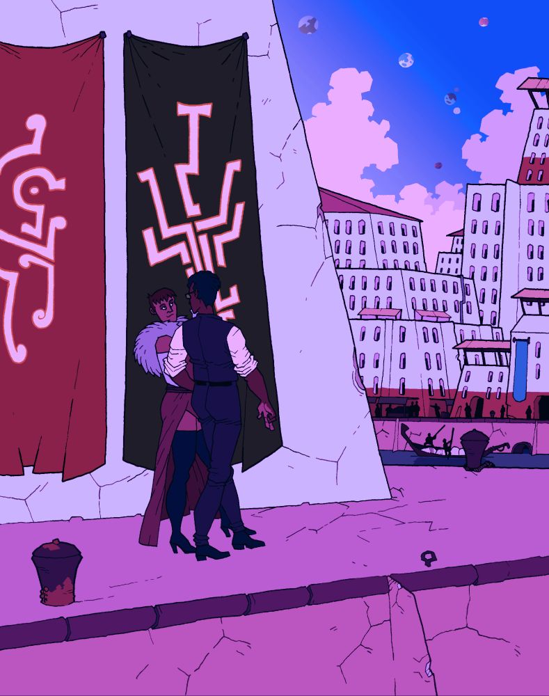 A man and a woman in fine clothes walk beside a canal in some ancient imperial city. Small spherical planetoids sit in the sky above.