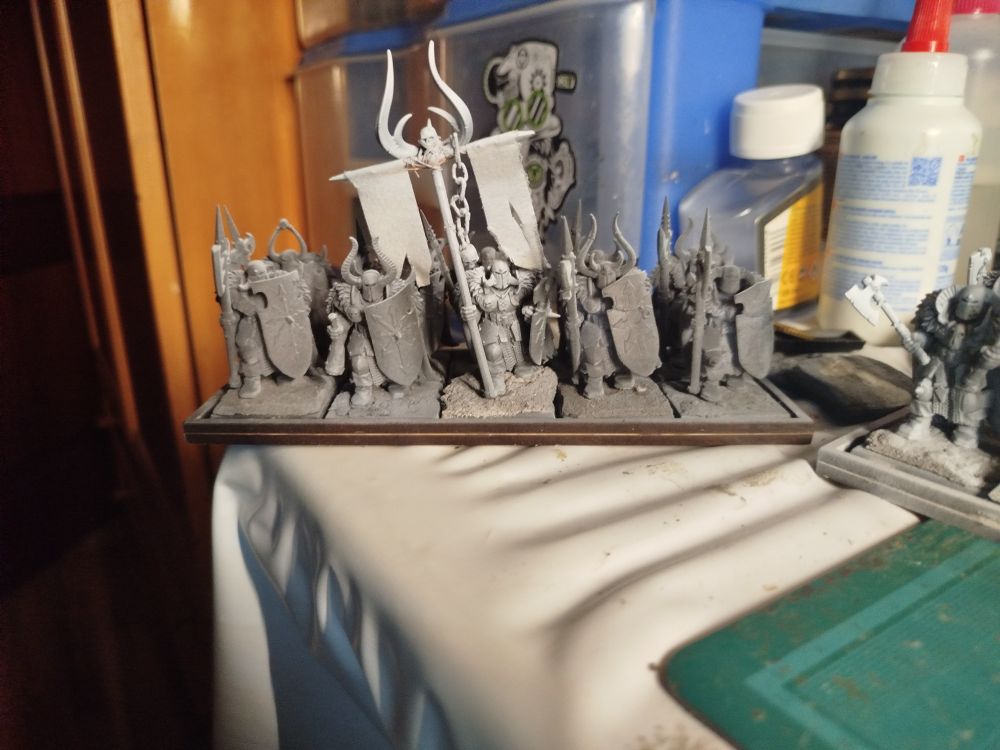 A squad of old world chaos warriors with a BsB and armed with halberds and shields