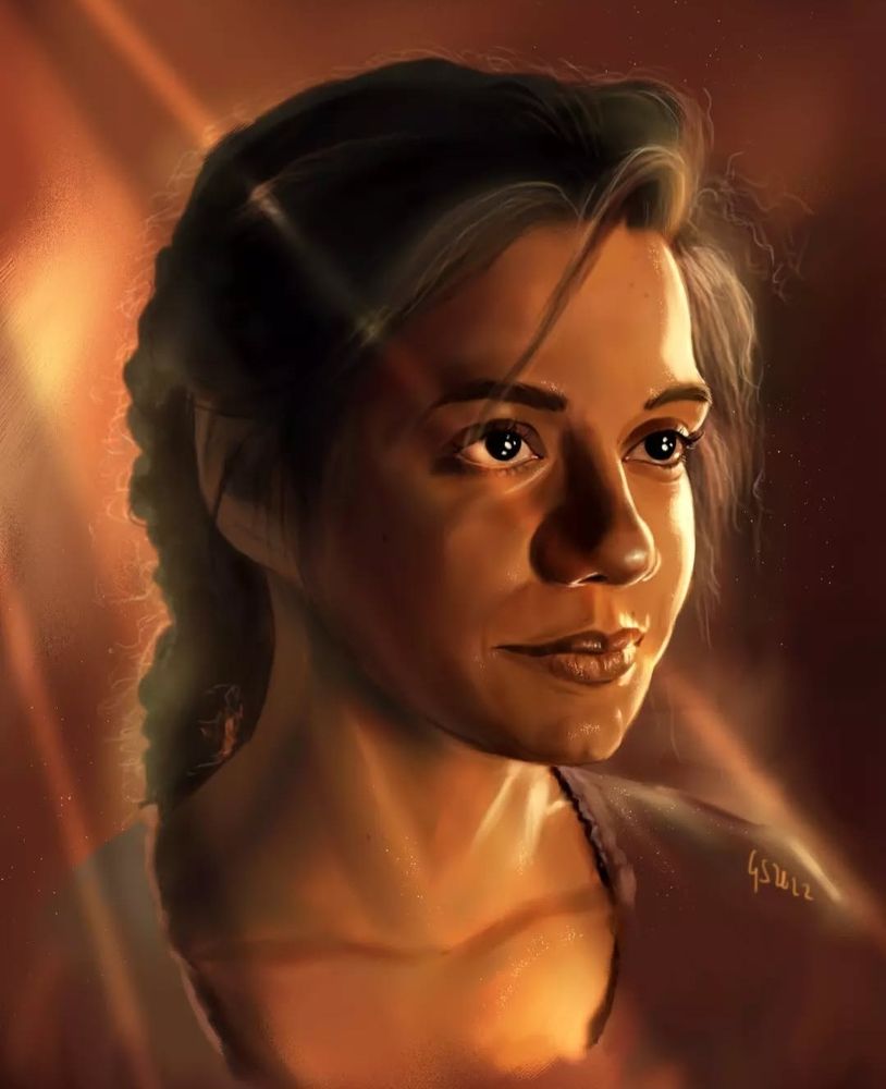 Portrait painting of Madeleine Madden as Egwene. The colours are held in brown and orange. Rays of light cross the face from the upper left corner.