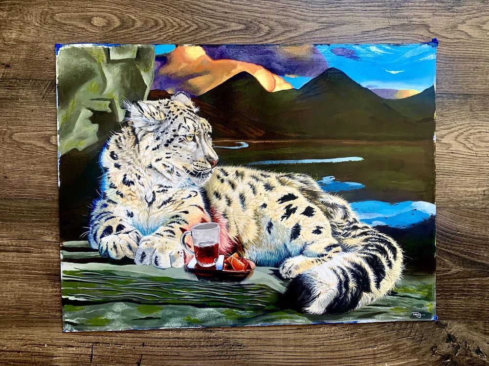 Painting of a snow leopard resting in the mountains drinking some hot tea. 