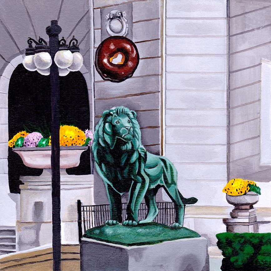 Statue of a lion with a floating donut over it's head. 