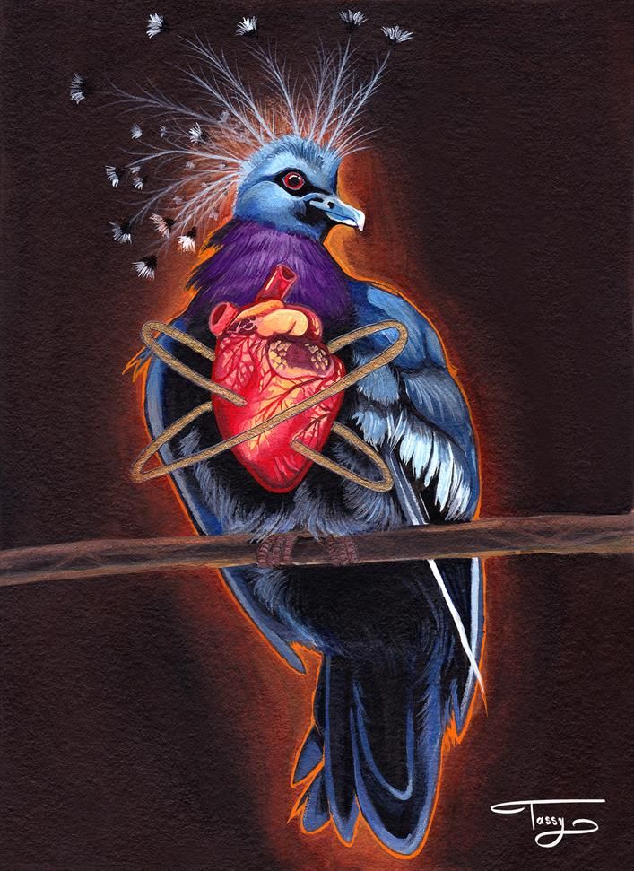 A Victoria Crowned Pigeon perched on a branch, with an anatomically correct heart on its chest, adorned by the orbital paths of an atom, accented with gold paint.