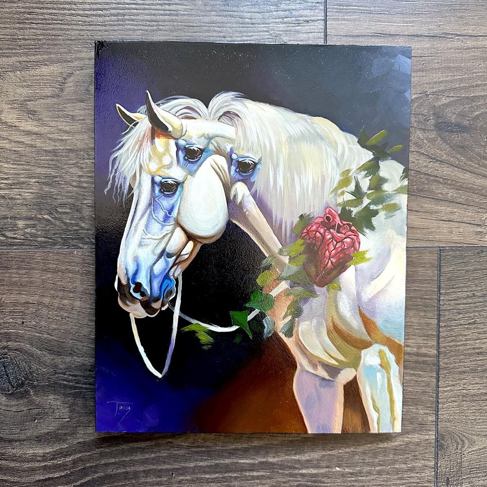 A mare painted in oils with floating eyes and an anatomical heart on her neck.