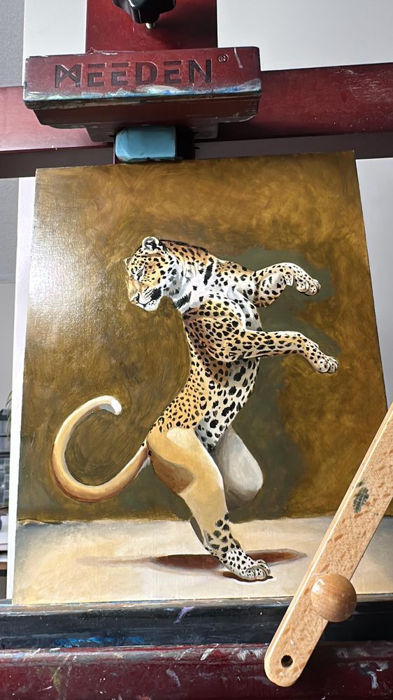 Oil painting of a dancing leopard. 