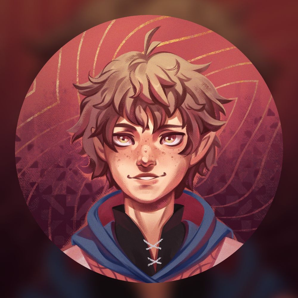 A round portrait of a young man, smiling. His hair is brown and wavy, his ears pointy. He's wearing a blue hood over a black laced shirt.