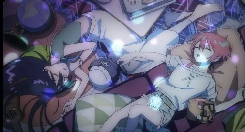 Two girls sleeping next to each other while one has her hand gently on the other's knee. gay shit (complimentary)