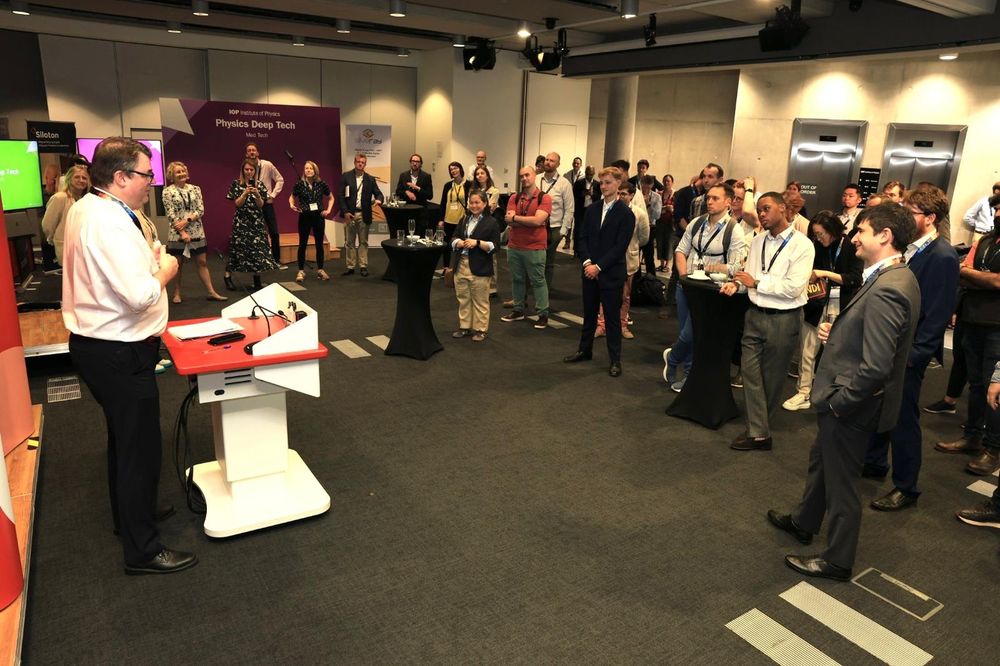 Image of IOP CEO Tom Grinyer addressing deep tech businesses and partners at the deep tech event.