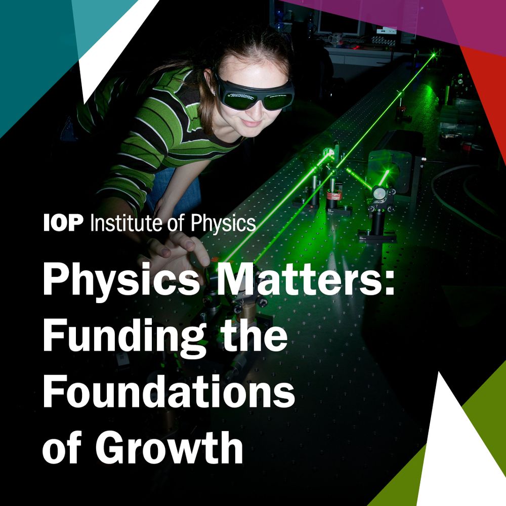 Image of a person wearing protective goggles and adjusting equipment in a laser physics laboratory with colourful beams of light. Include IOP logo and text 'Physics Matters: Funding the Foundations of Growth'.