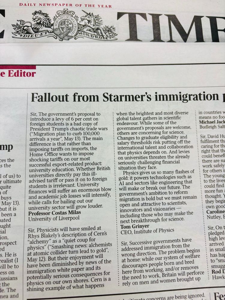Image of published letter in The Times newspaper by IOP CEO Tom Grinyer which responds to the government's proposed immigration changes.