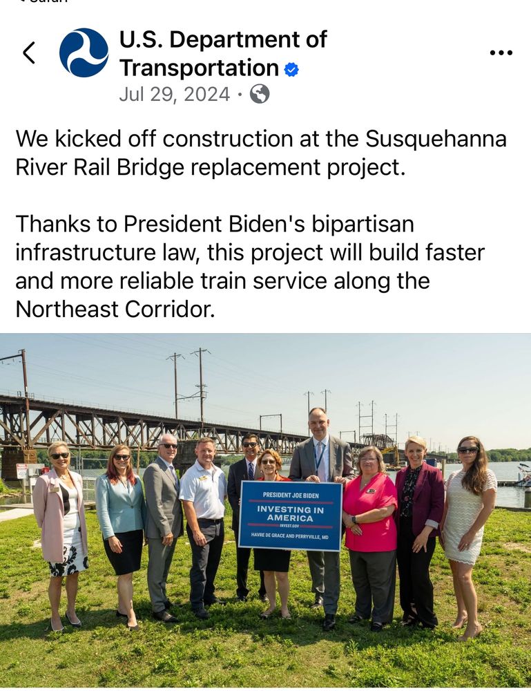 U.S. Department of Transportation o Jul 29, 2024 • 0
We kicked off construction at the Susquehanna River Rail Bridge replacement project.
Thanks to President Biden's bipartisan infrastructure law, this project will build faster and more reliable train service along the Northeast Corridor.