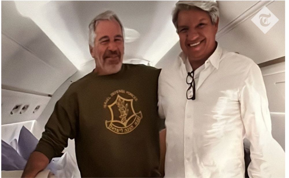  Image: Valdson Vieira Cotrin with Jeffrey Epstein on his private jet in 2019. This photo, given exclusively to The Telegraph, may be one of the last taken of the financier and shows him wearing an Israel Defense Forces sweatshirt Credit: The Telegraph
