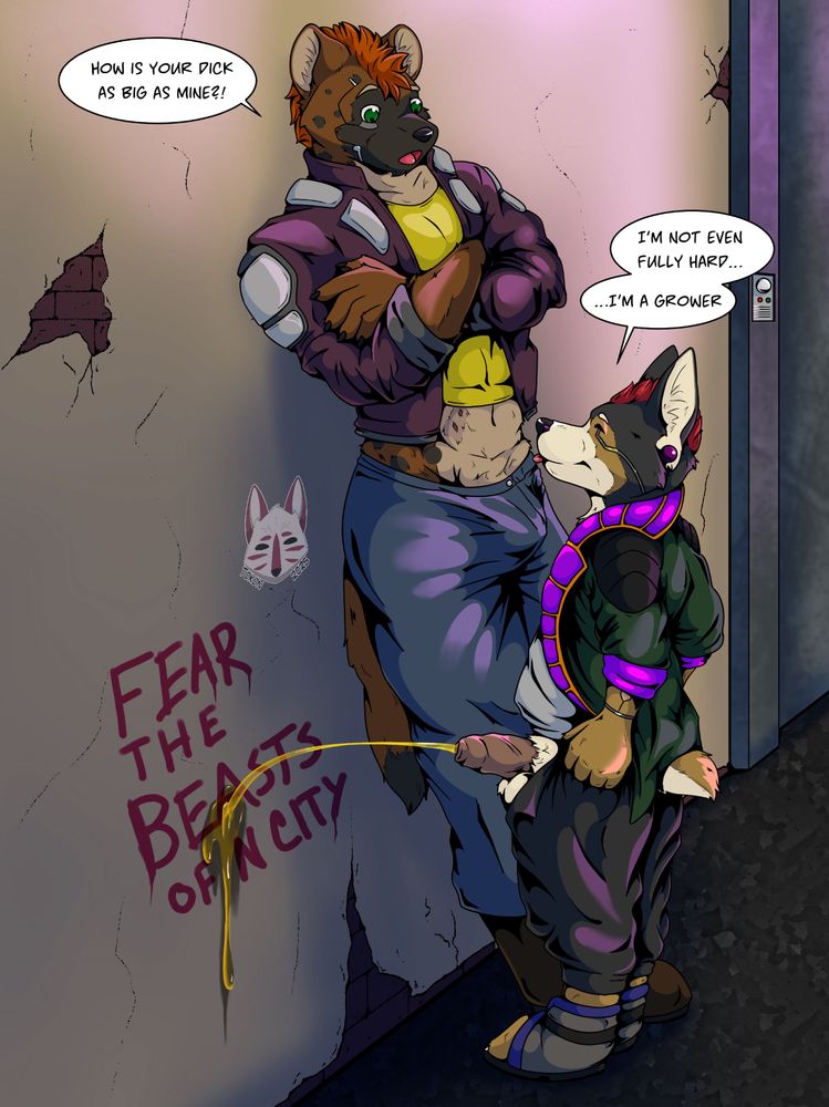 Sunder, a corgi with cyberware and Smash a hyena with cyberware in a back ally. Sunder is standing with his cock out peeing while Smash watches amazed at Sunder's cock size.