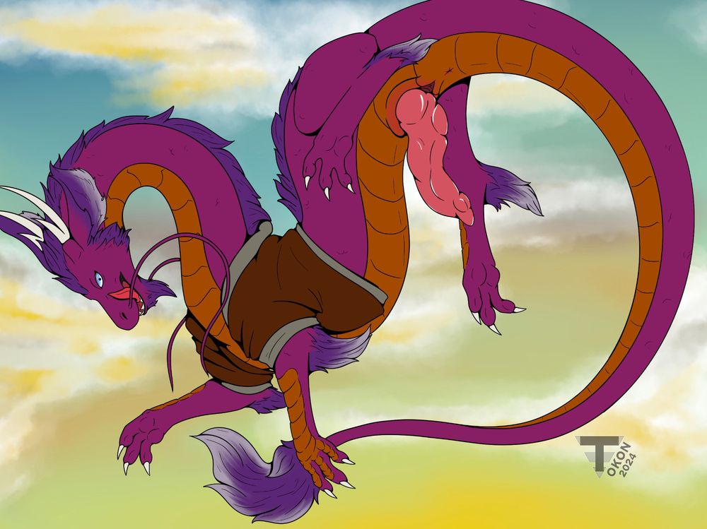 A noodle dragon wearing a bomber jacket with his cock out
