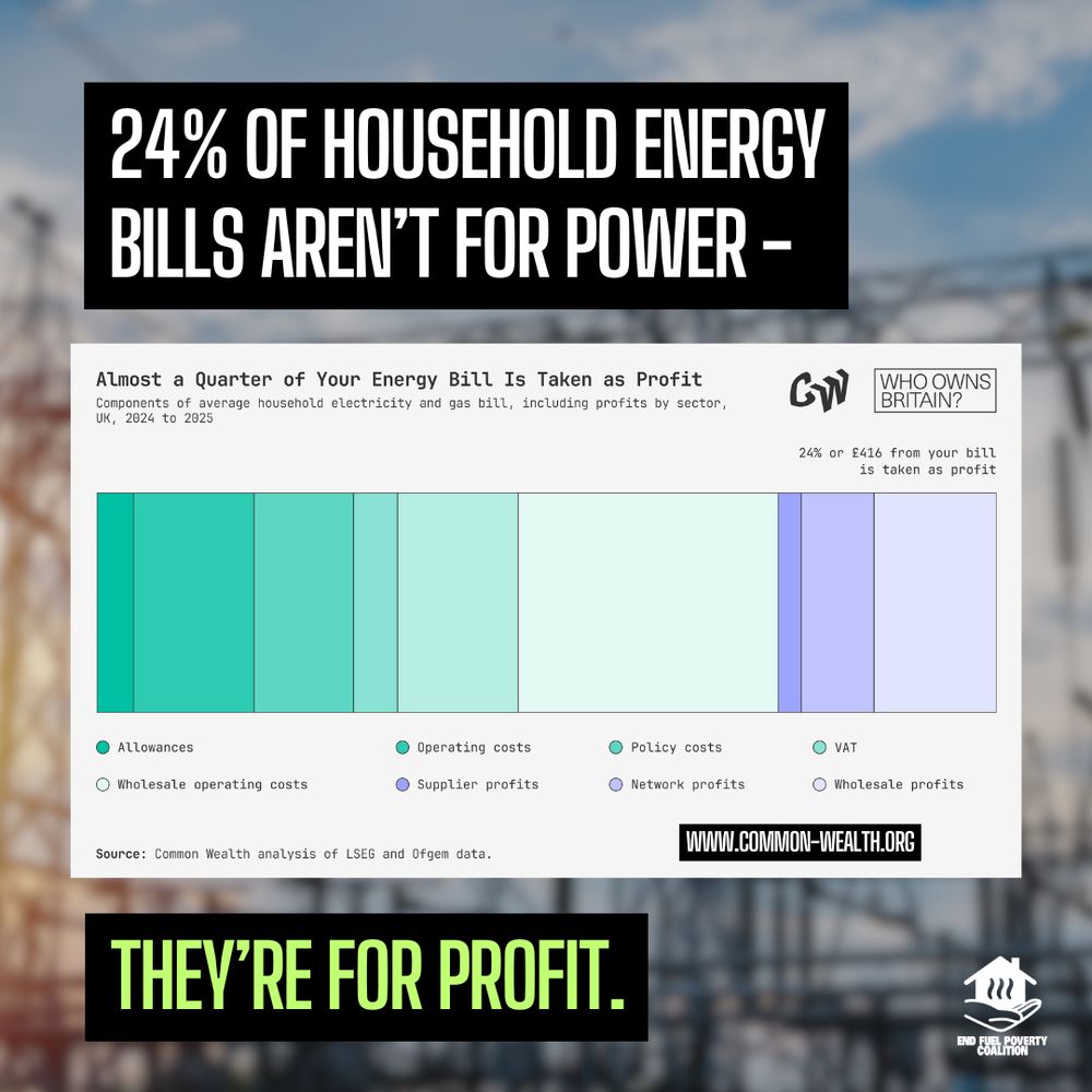 An image of a data set from common-wealth.org which shows that Components of average household electricity and gas bill, including profits by sector, UK, 2024 to 2025 - a caption reads "24% of household energy bills aren't for power - they're for profit" There is a blurred pylon/energy distribution centre in the very background and and End Fuel Poverty Coalition logo in the bottom right