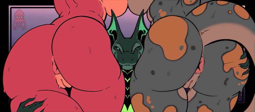 My Green snake OC Veleno, smugly looking at the viewer with two women squishing their hips against his face. 

On his right hand, he's grabbing SpicyCalamary's OC, Yara, on the thigh. 

On his left hand, my snake OC, Nadjet, getting her butt gripped and spread to the viewer.